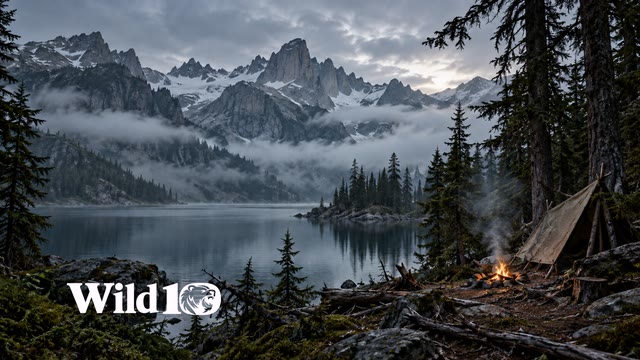 Vast secluded wilderness lake beneath jagged granite peaks, dark cedar foreground, a small unbranded canvas lean-to and modest campfire on right shore, layered cold fog and slate dawn light.