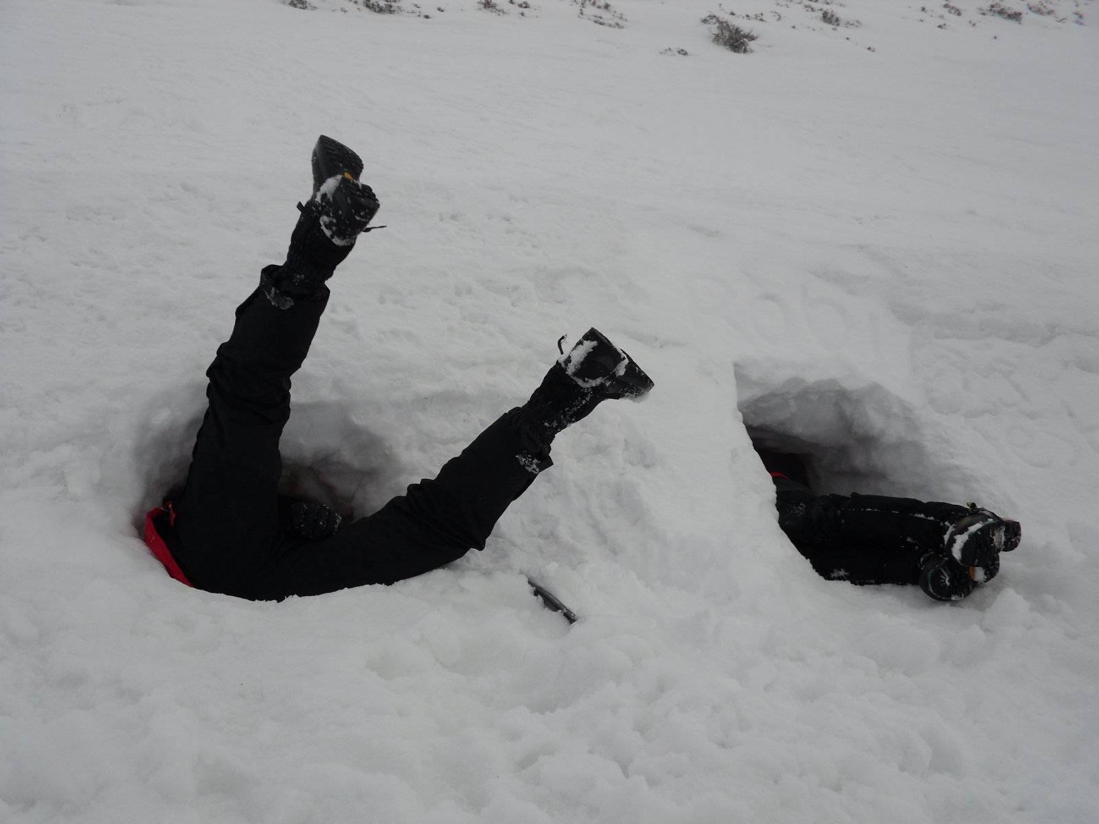 People excavating snow holes to build winter shelters