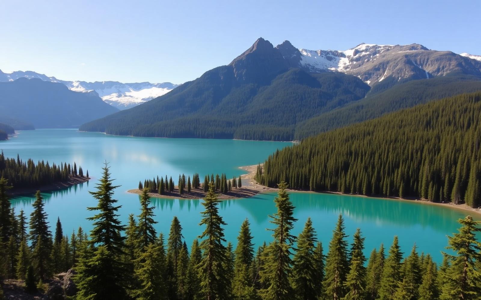 Turquoise Chilko Lake ringed by snow-capped Coast Mountains
