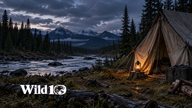 Weathered canvas ridge tent on right beside quiet wilderness river, small metal oil lantern glowing faint amber outside its entrance, old logs and damp grass, conifer woods fading into blue-gray dusk.