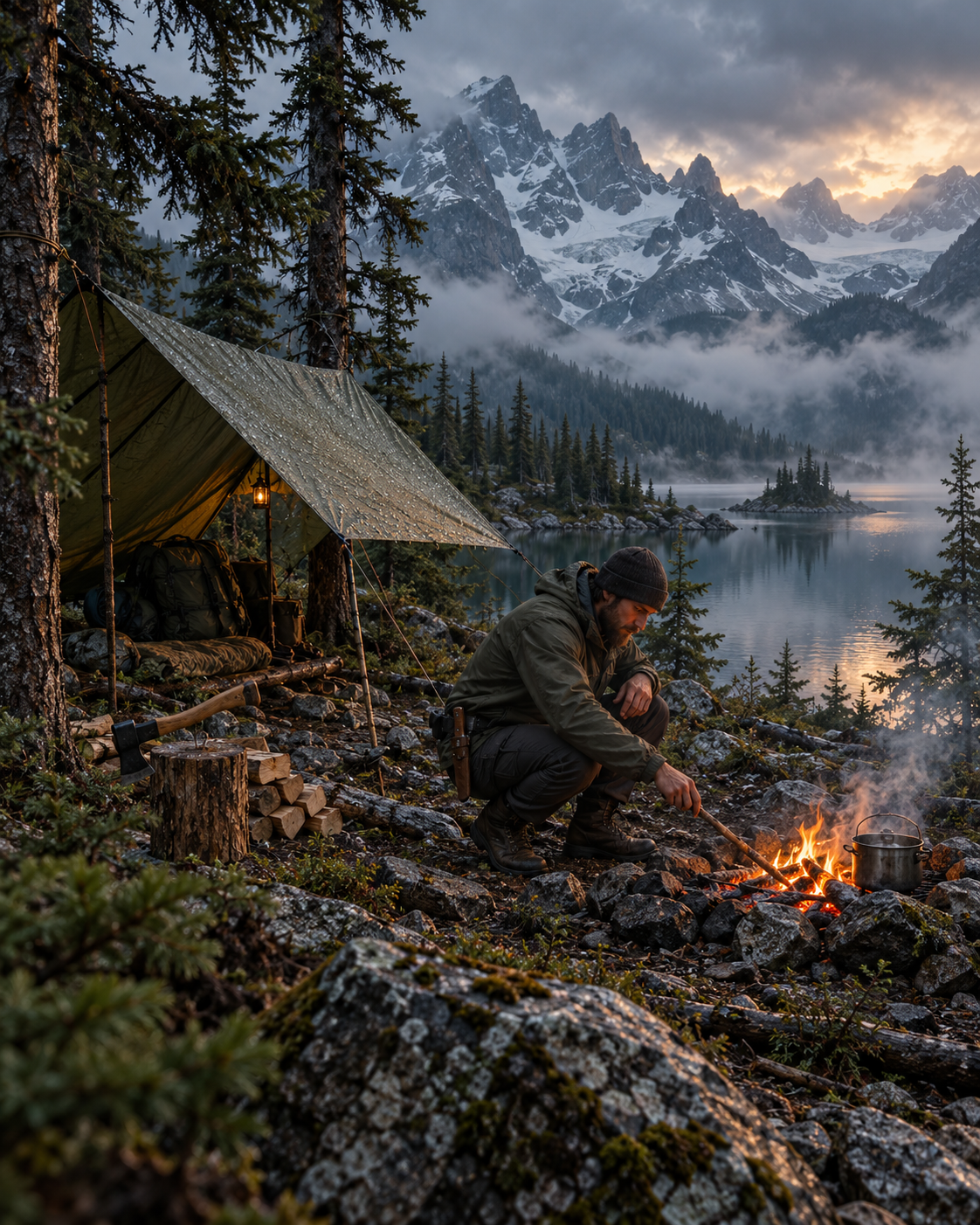 Tarp camp in misty mountains