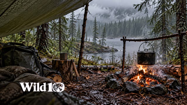 Intimate remote bushcraft camp under a taut olive tarp in rainy boreal woods, modest campfire, hanging dark steel pot, wet wood and pine needles, subtle smoke, authentic used equipment without brands.