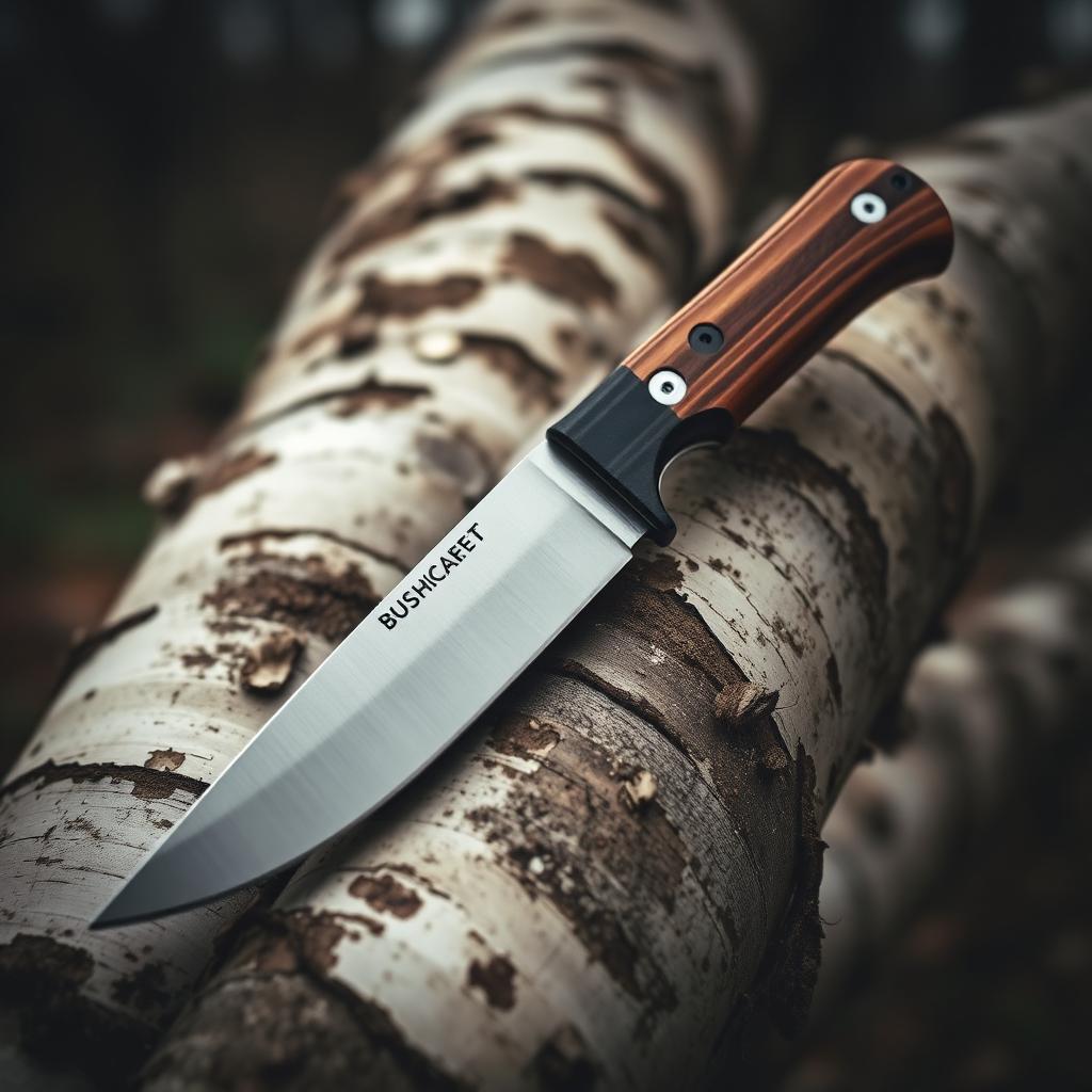 Bushcraft fixed-blade knife with wooden handle on a birch log