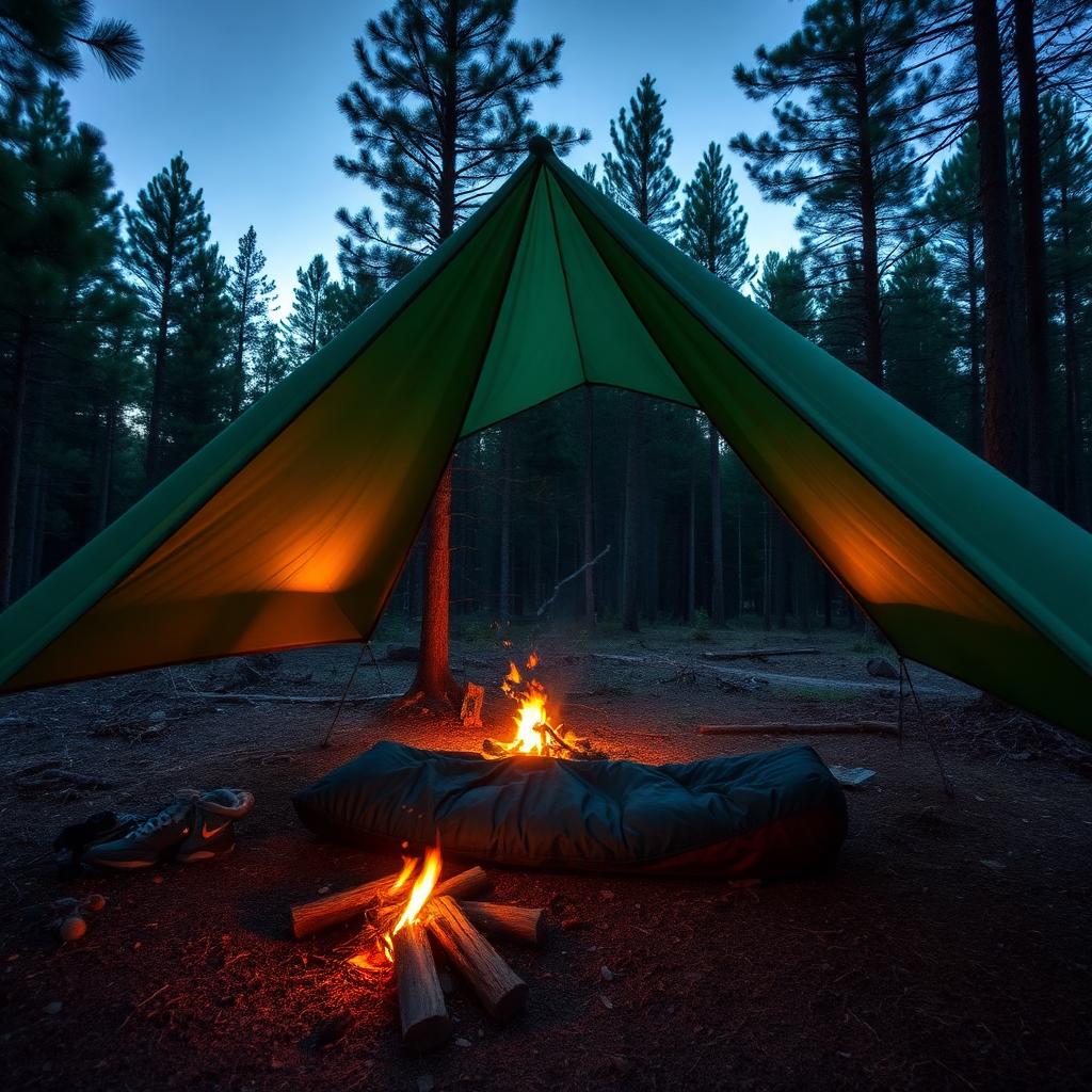 Camping tarp shelter pitched between trees