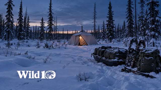 Winter tracking gear, a hot tent, and blowing snow in a boreal clearing.