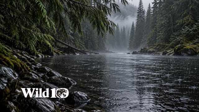 Rain striking a dark slow wilderness river beneath overhanging cedar boughs, concentric ripples and glossy wet bank stones, charcoal green forest tunnel, low silvery mist, no buildings.