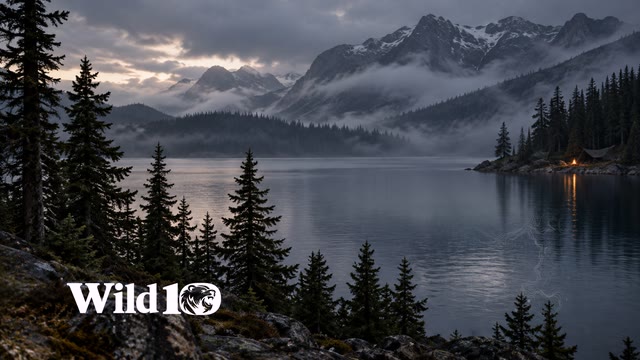 A very small warm campfire beside a dark canvas shelter far right on a distant rocky lakeshore, large quiet expanse of cold water and tall foreground pines, misty dusk.