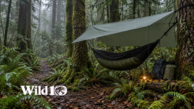 A hammock, fitted underquilt, and rain tarp in a misty wet forest.