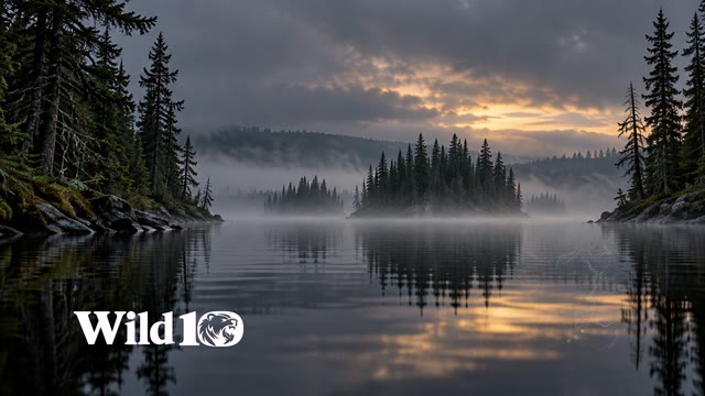 Water-level view across a narrow blackwater lake before dawn, close black spruce at both edges, three receding islands of conifers, very soft gray fog at water level, charcoal and muted olive, no campsite.