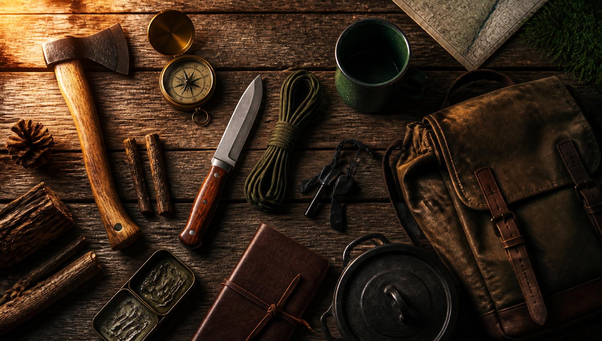 Overhead flatlay of outdoor survival gear: hand axe, bushcraft knife, compass, ferro rod, paracord, cast iron pot, canvas rucksack, and topo map on weathered wood