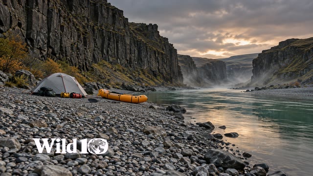 A modern packraft and tent on a gravel bar beside a slow canyon river.