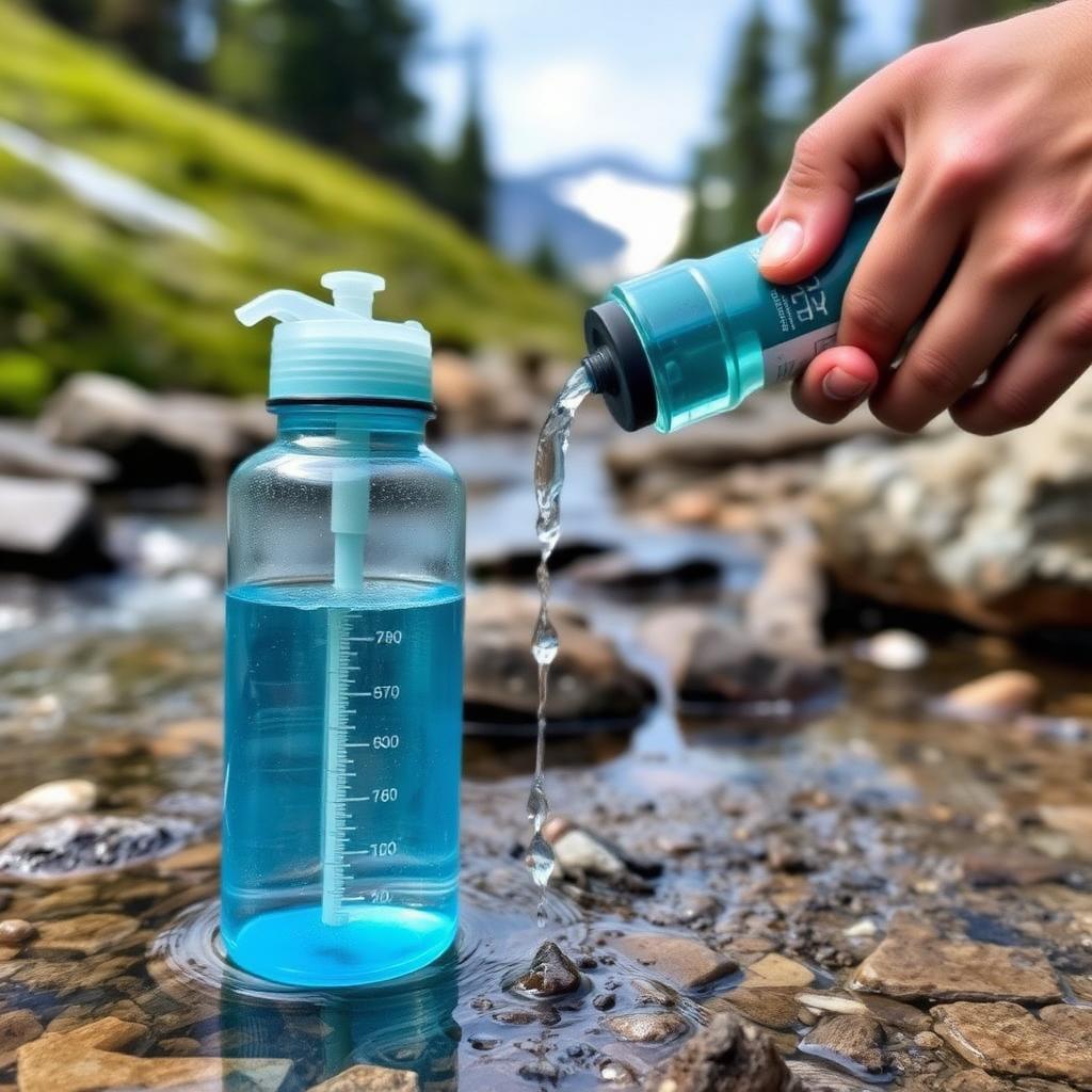 Backcountry water filter beside a clear stream