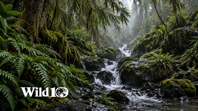 Intimate wet fern gully in ancient temperate rainforest, small stream cascades over glossy black rocks, hanging cedar boughs, delicate spray, deep natural emerald shadows and soft mist.