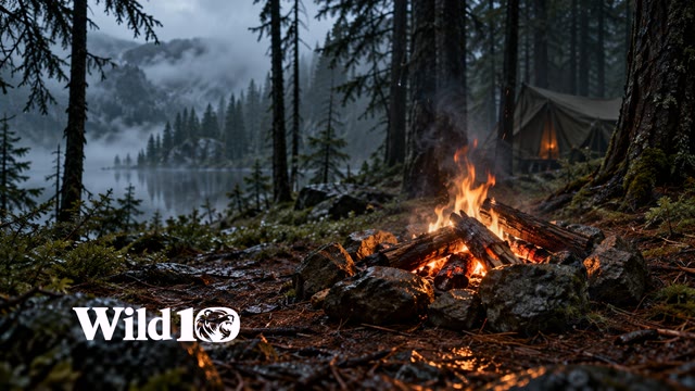 Close environmental view of a small controlled stone-ring campfire, charred logs and glowing coals, wet forest floor, dark pine trunks behind, distant canvas shelter obscured by fog, amber focal point in cold forest.