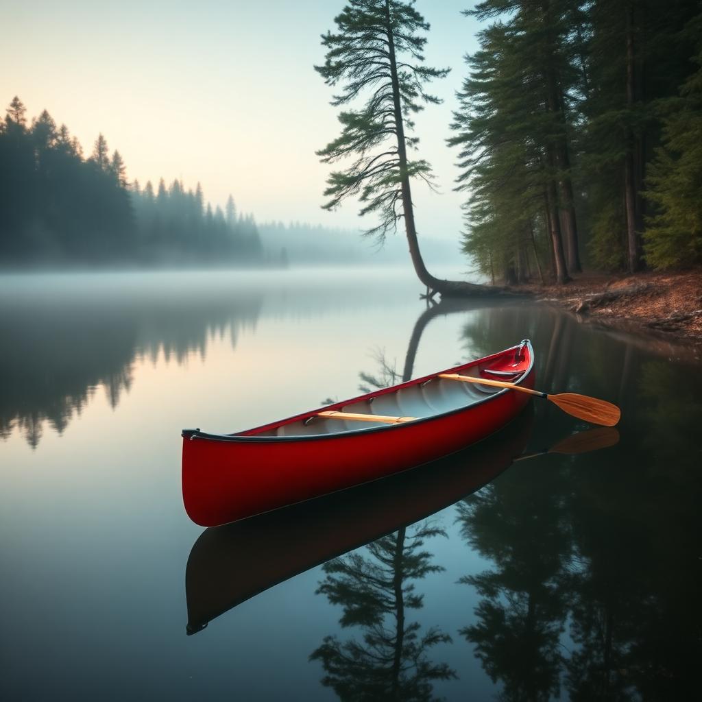 Canoe pulled onto a rocky lakeshore at sunrise