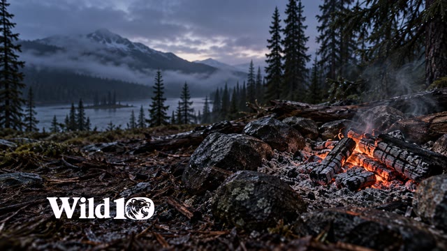 Close low view of a dying stone-ring campfire, glowing orange coals and fine gray ash on right, rain-dark forest floor and distant spruce silhouettes, blue predawn haze.