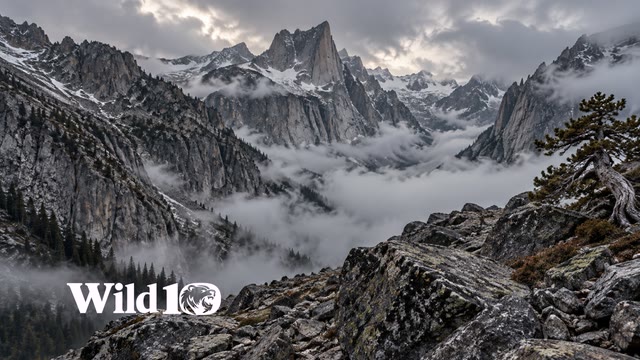 Rugged granite mountain amphitheater seen from high talus, small twisted pine on far right foreground, dense low fog pooling beneath cliffs, muted cold rock and lichen, no lake, no structures.