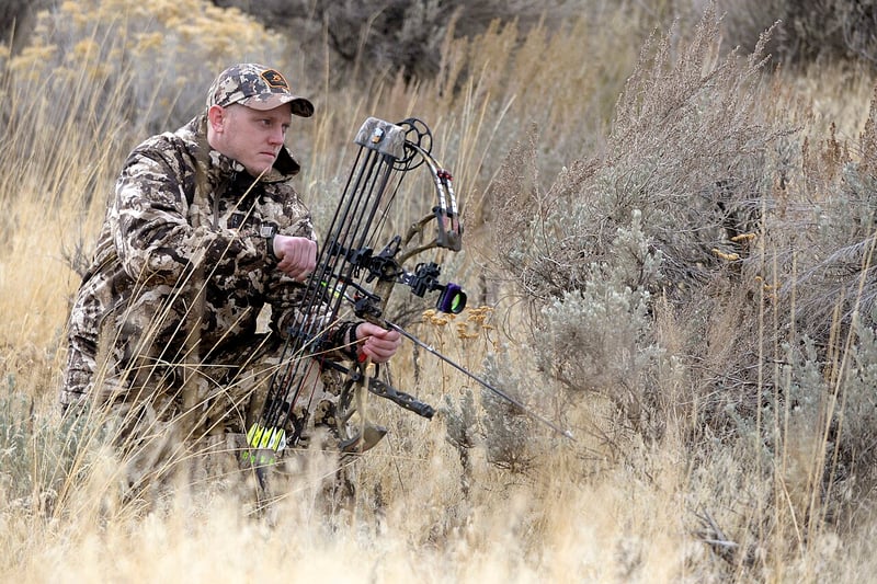 Bowhunter kneeling in sagebrush with a camouflaged compound bow
