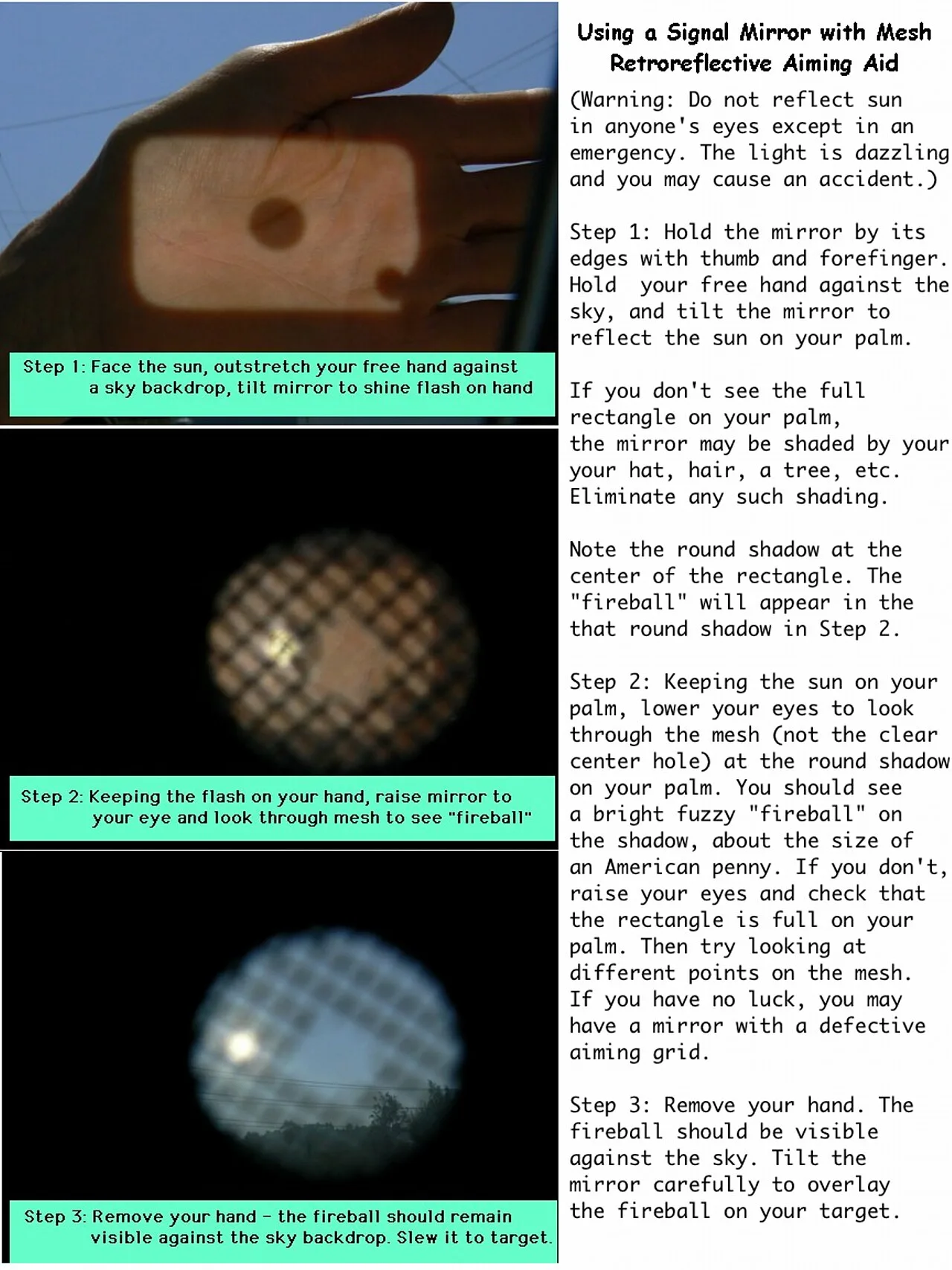 Step-by-step photos of aiming a signal mirror through its sight