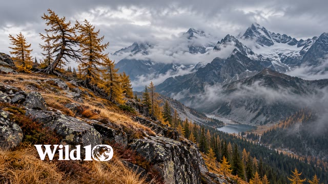 Sparse golden larch trees clinging to a rocky alpine ledge, exposed branches and grasses leaning in wind, distant blue-gray peaks half-lost in cloud, muted autumn ochre with charcoal stone.