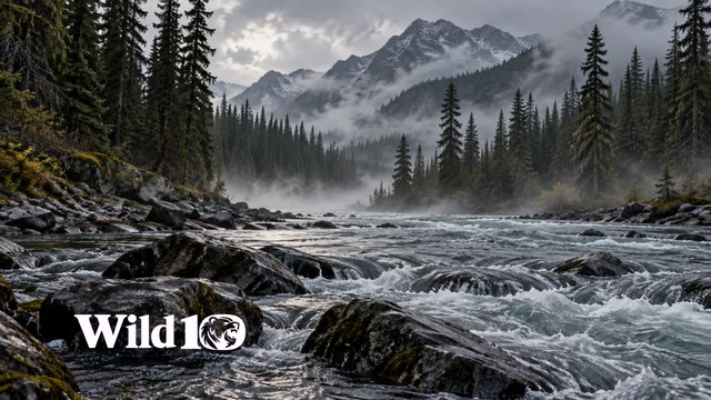 A cold clear river curving through old-growth spruce, smooth wet dark boulders breaking the fast current in foreground, silver riffles, low mist hugging riverbanks under gray morning light.