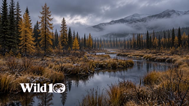 Late autumn tamarack wetland at dusk, dull golden larches mixed with dark spruce, winding narrow dark stream into the fog, cold gray sky, marsh grass foreground, restrained gold and pine green.