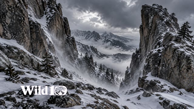 Wind-driven snow passing between two great rugged granite pillars, sparse black pines beyond and deep storm clouds, cold gray wilderness pass.