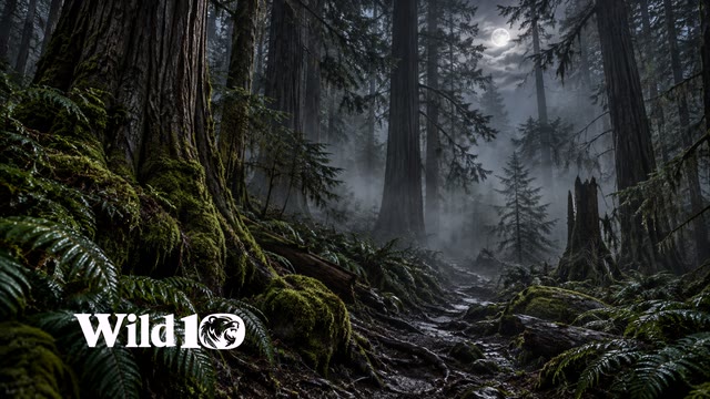 Ancient cedar trunks in deep dusk, velvety moss and wet fern fronds at near frame edges, layers of soft fog dissolving a winding woodland path, subtle moonlit silver through the canopy.