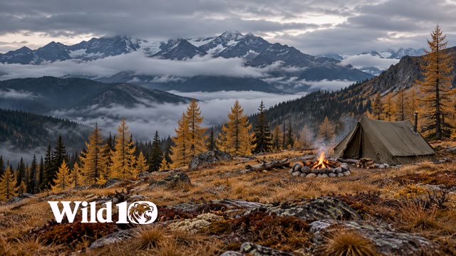 A remote small olive canvas camp on a golden larch plateau, modest campfire near right third, dark blue distant mountains and low ground cloud, subdued late autumn.