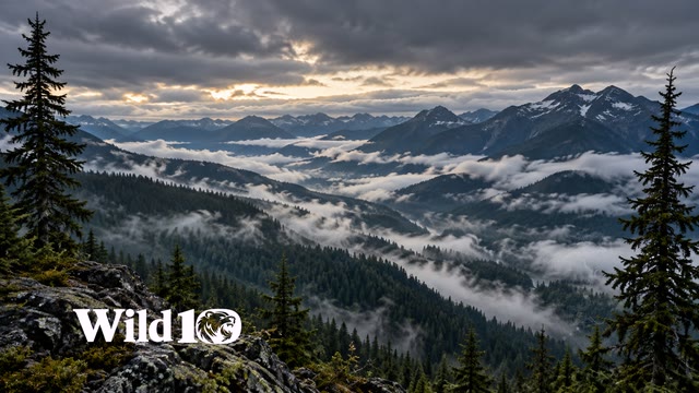 Elevated overlook over deep forested valley completely threaded with ribbons of fog, distant layered mountain ridges, two dark conifers framing far edges, a thin pale break in heavy gray clouds, restrained dawn light.