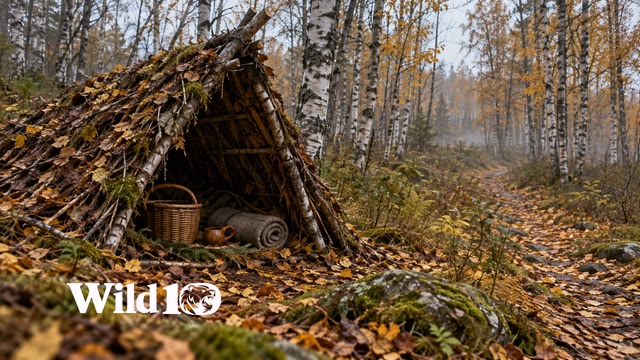 A branch-built shelter and simple camp tools in autumn birch woods.