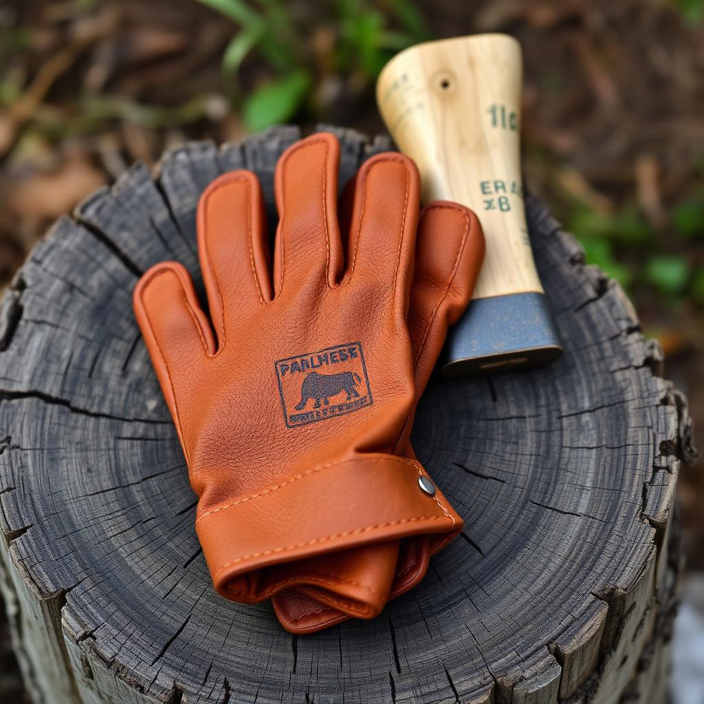 Leather camp gloves beside outdoor hand tools