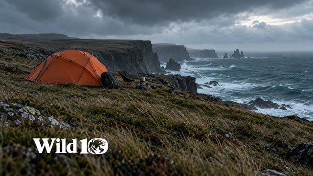 A modern expedition tent above an Atlantic sea cliff and coastal haze.