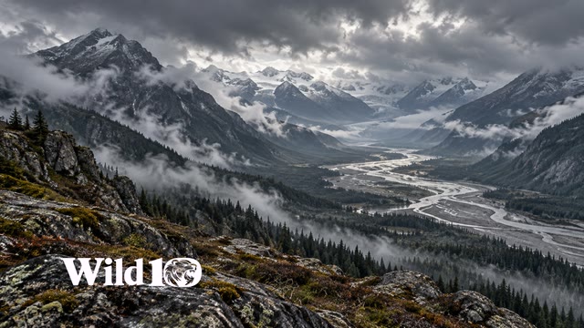 Panoramic long glacial valley with a silver braided river on distant floor, dense fog bands and dark conifer slopes, storm clouds hanging low, rocky overlook foreground with sparse heather.