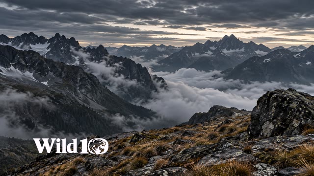 High mountain pass at predawn with low clouds flowing through a notch, layered slate peaks and sparse amber grasses in the foreground, a dark boulder on the right, minimal imposing wilderness without structures.