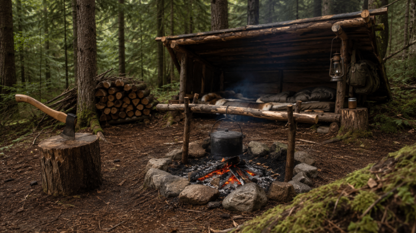 A hand-built lean-to shelter in a mossy forest