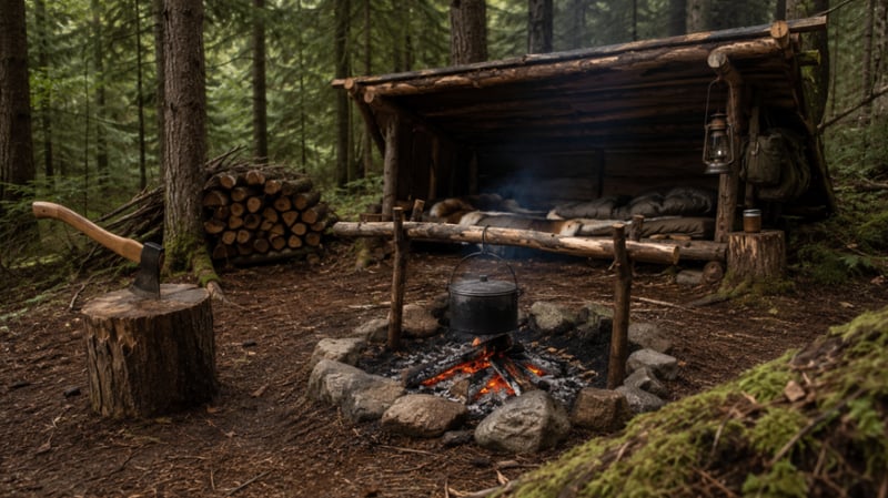 Forest lean-to camp with proper food storage setup