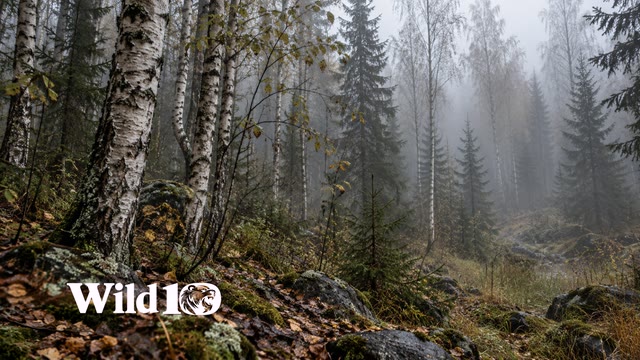 A quiet grove of white-barked birch and dark spruce in thick early morning mist, wet fallen leaves and woodland grass, muted ivory olive and charcoal, no mountains.