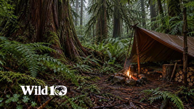 A cedar-forest bushcraft shelter with a kettle, small campfire, and distant mist.