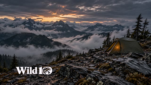 Remote alpine ridgeline in the last gray light, rugged shale foreground, an unbranded small olive expedition tent on the right third, tiny warm tent glow, stacked cloud-filled valleys, sparse wind-bent conifers.