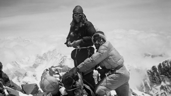 Edmund Hillary and Tenzing Norgay on Everest's southeast ridge during the 1953 expedition