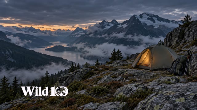 A modern alpine tent above a valley filled with drifting low cloud.