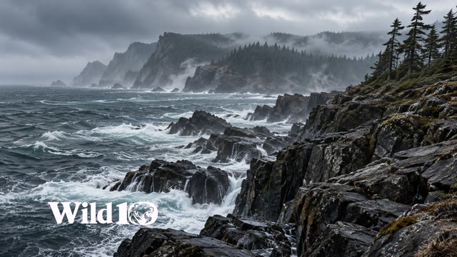 Rough slate-gray ocean meeting fractured iron-dark headland, foam in narrow rock channels, distant cliffs in coastal mist, tough wind-bent pines at far right.