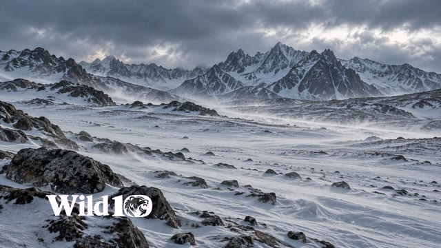 Windblown fine snow crossing a vast treeless alpine basin, dark boulders and a distant serrated ridgeline, low overcast silver-blue light.