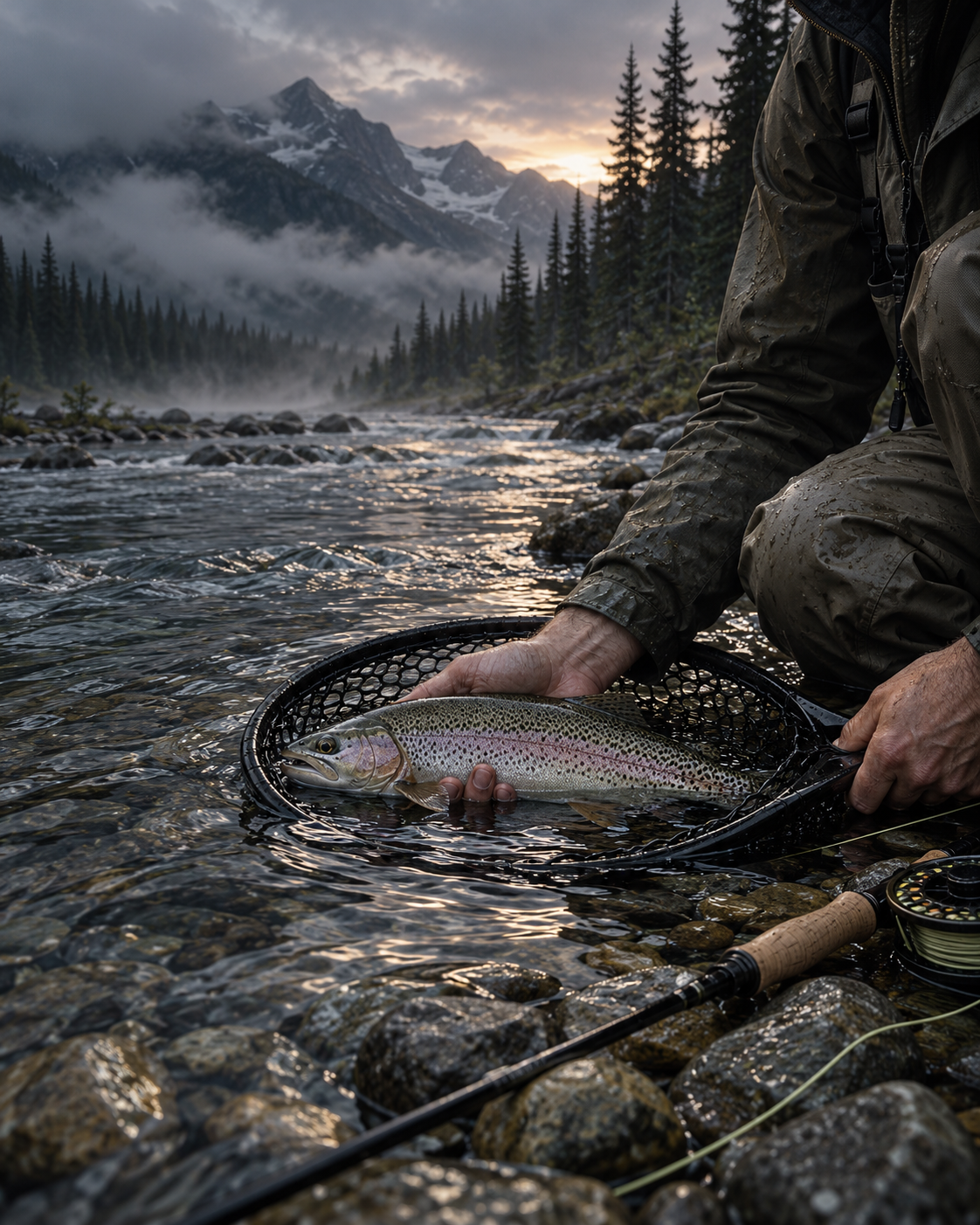 Rainbow trout held over a misty stream before release