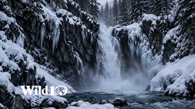 Remote narrow waterfall flowing between black basalt and thick snow banks, dark evergreen forest behind, icicles near edges, cold blue shadows, waterfall mist suspended in freezing air.