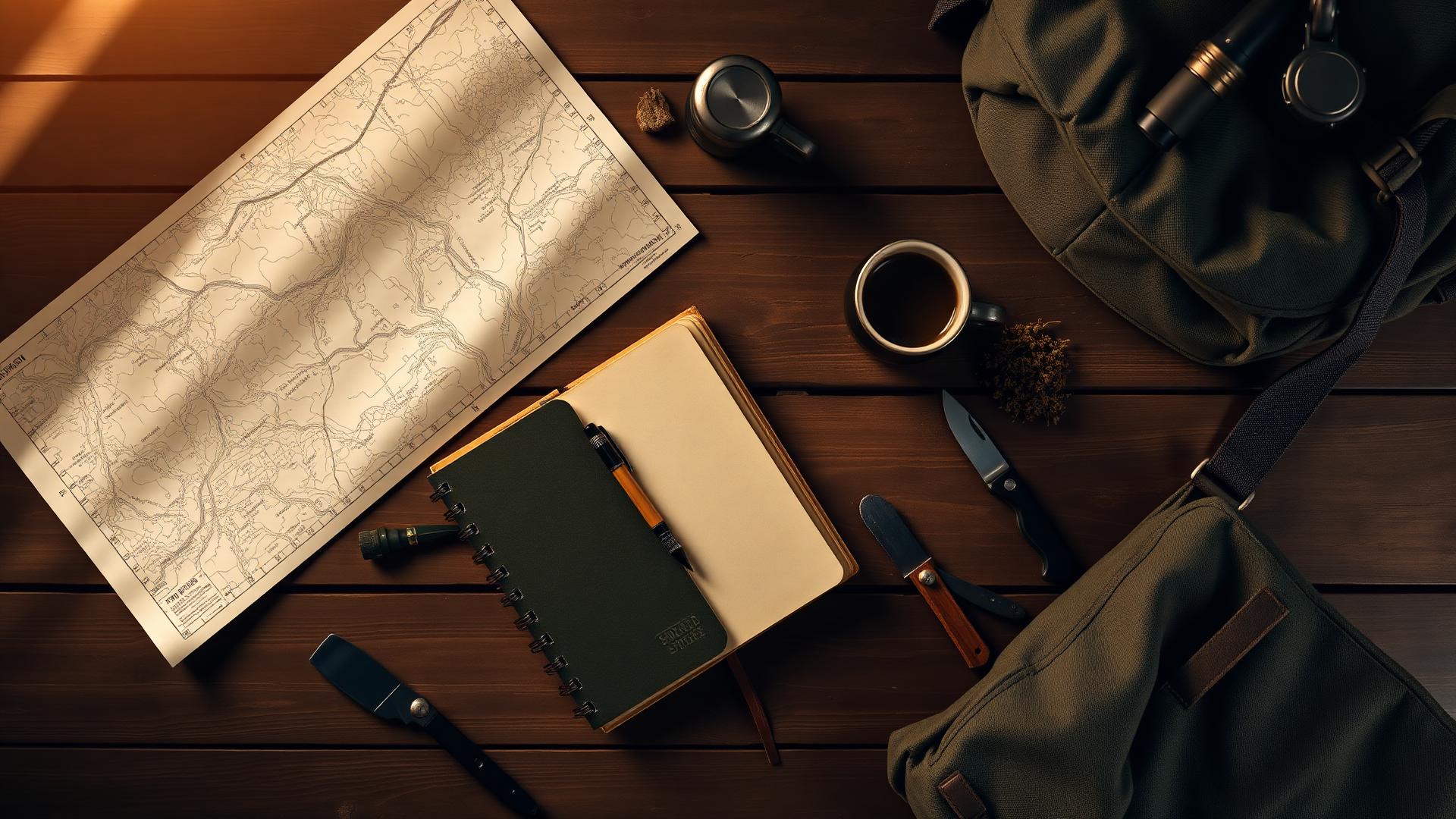 Overhead flatlay of a trip-planning basecamp: topographic map, notebook, compass, coffee, knife, and canvas pack on weathered wood
