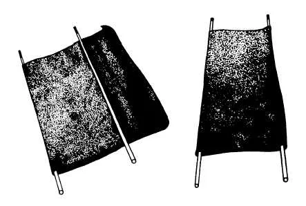 Diagram of an improvised stretcher made from two poles and a blanket