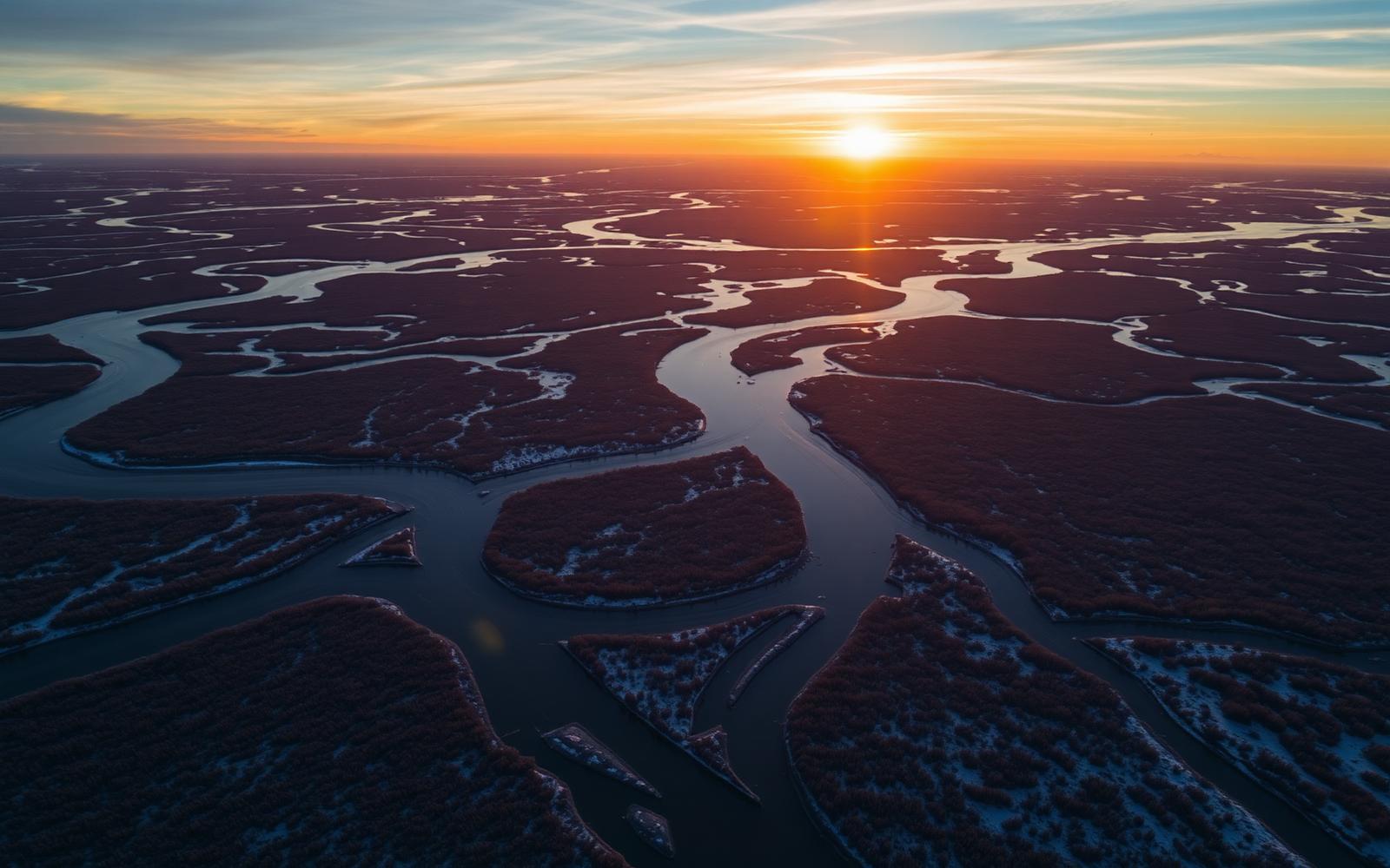 Aerial view of the sprawling channels of the Mackenzie River Delta at sunset