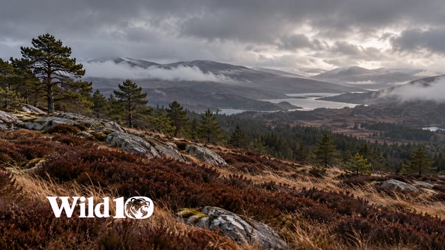 Rugged windswept moor on edge of northern pine forest, low russet heather and tawny grass, small weathered granite outcrops, soft low drifting cloud and far slate hills, gray wilderness light.